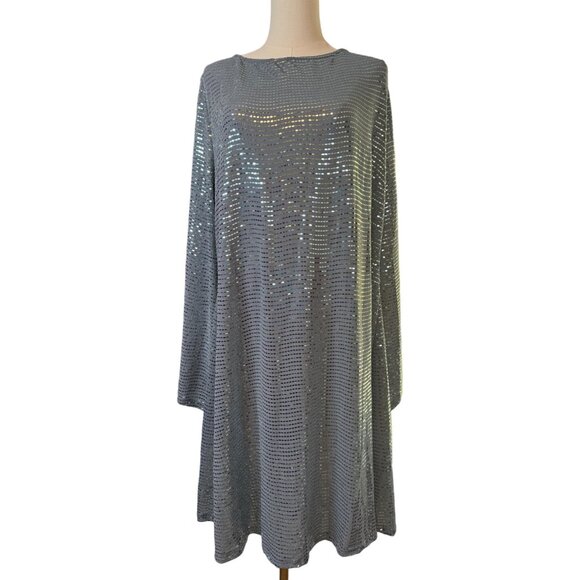 NWT Cider 3XL Sequin Open-Back Long Sleeve Dress - Iridescent Silver - Picture 1 of 14